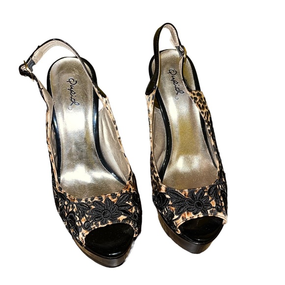 Quips Women’s Slingback Open Toe Platform Heels Leopard Lace Overlay Size 7 - Picture 7 of 8